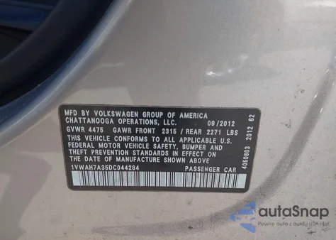 2013 Volkswagen Passat 2.5L S from USA, damaged, VIN 1VWAH7A35DC044284